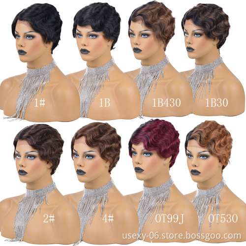 Short Human Hair Wigs Remy Hair Pixie Cut Wig Color 1B 30 Finger Wave Brazilian Wigs For Black Women